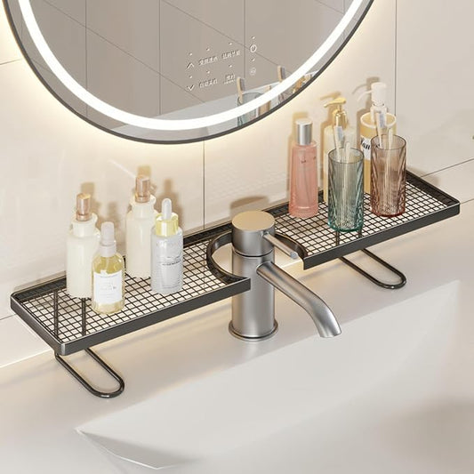 Sink Organizer Rack,No-Drill Freestanding Carbon Steel Faucet Storage Shelf, Washbasin Shelf, Tool-Free Organizer, Space-Saving Bathroom Countertop Organizer, Easy Drainage New (Black)