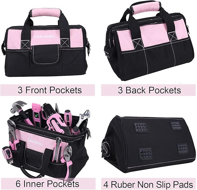 FASTPRO 232-Piece Pink Tool Set with Drill, 20V Cordless Drill Driver and Home Tool Set, Pink Drill Set for Women, Lady's Repairing Kit with 12-Inch Storage Bag, Pink
