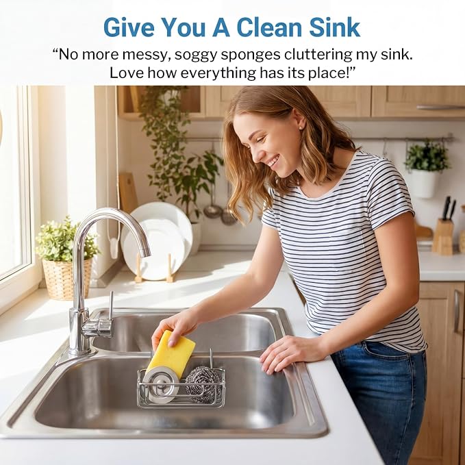 2 Pack Stainless Steel Sponge Holder for Kitchen Sink, Double Kitchen Sink Caddy Saddle for Sponge, Scrubber & Dish Cloth, Rustproof Hanging Organizer for Double Basin, Top Width 1.93"