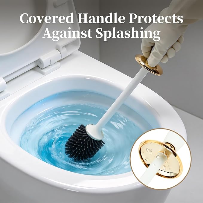 Toilet Bowl Brush and Holder Set, Plunger and Brush Set with Long Handle, High-End Modern Silicone Toilet Brush Set, Non-Scratch Hygienic, Odor-Free Design (Matte White + Gold, B)