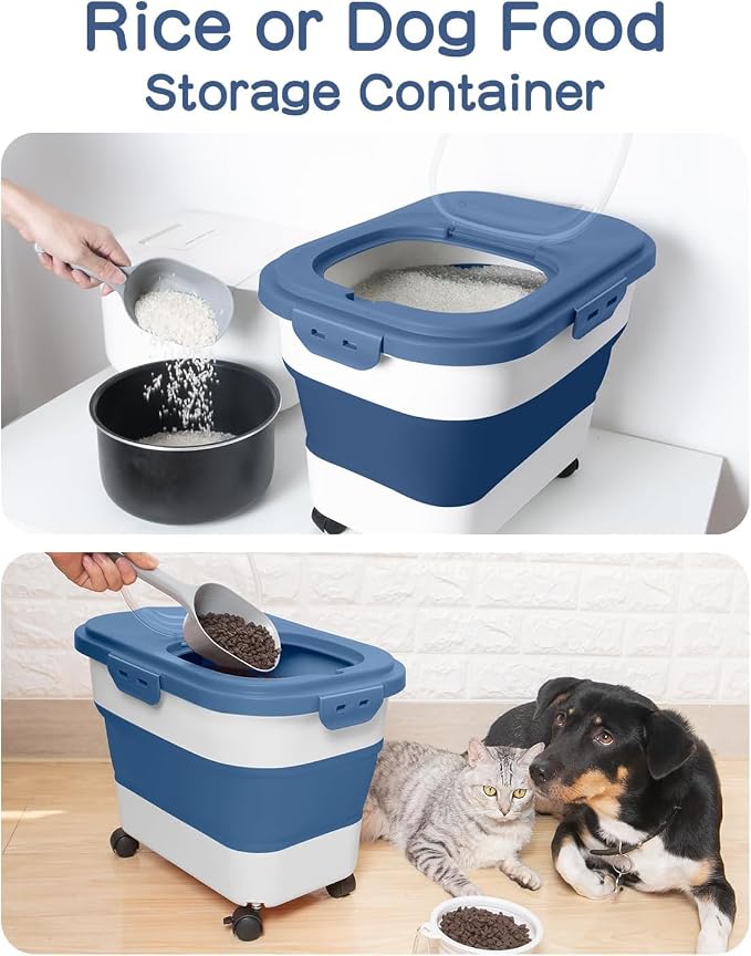 20-23Lbs Dog Food Storage Container Airtight,Collapsible Dog Food Container | Pet Food Storage with Double Airtight Seal & Magnetic Lid,Cat Food Container with Wheels for Easy Moving,Small Jar,Scoop