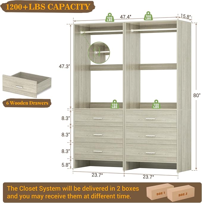 Aheaplus Closet System Closet Organizer, Wood Closet Organizer System, Walk-in Closet or Small Closets Wardrobe, Clothes Rack with Hanging Rods, 4FT Closets, Set of 2, White Oak
