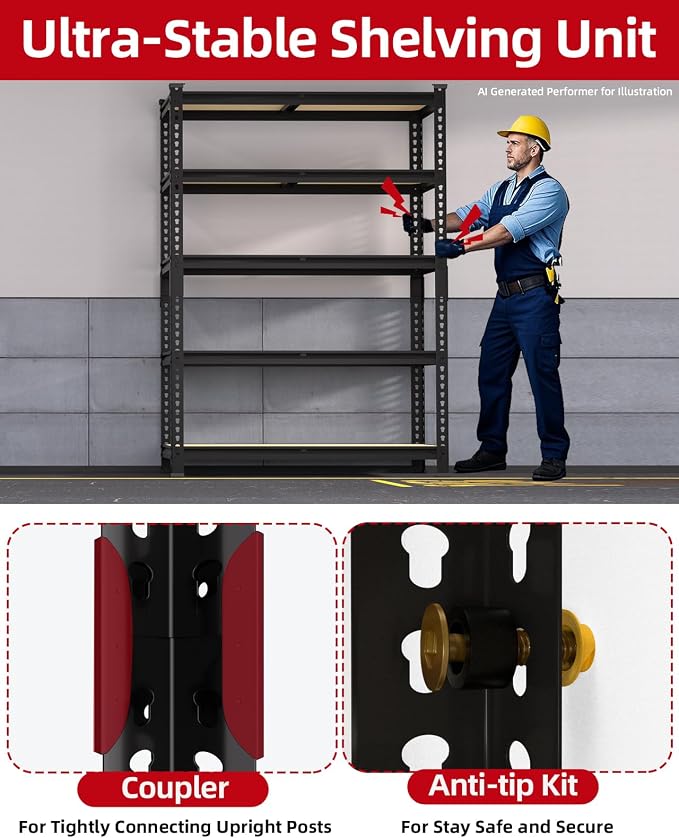PrimeZone 35.5" x 12" x 72" Heavy Duty Storage Shelves - 5 Tier Adjustable Garage Storage Shelving, Metal Storage Utility Rack Shelf Unit for Warehouse Pantry Closet Kitchen, Black