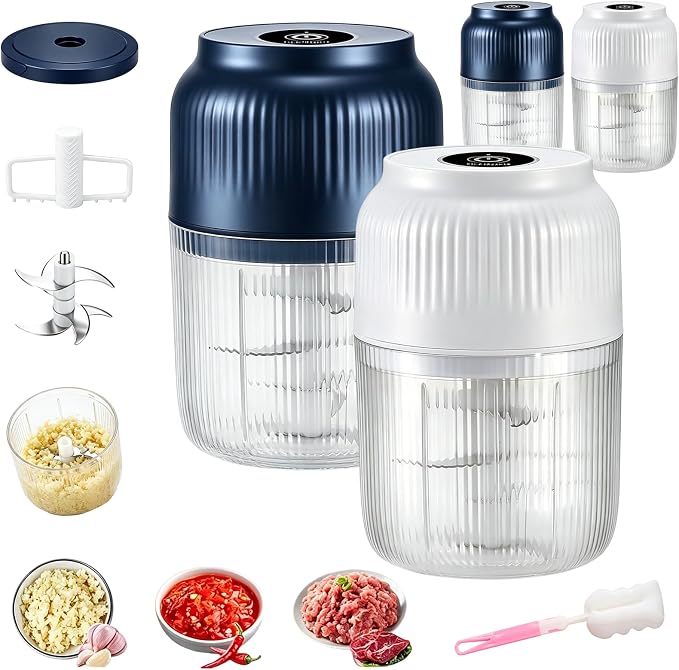 Household Electric Garlic Crusher, Upgraded Mini Electric Food Chopper, 350ml 6 Blades USB Rechargeable Garlic Mincer with Lid & Egg Beater for Onion Ginger Chili (Blue+White)