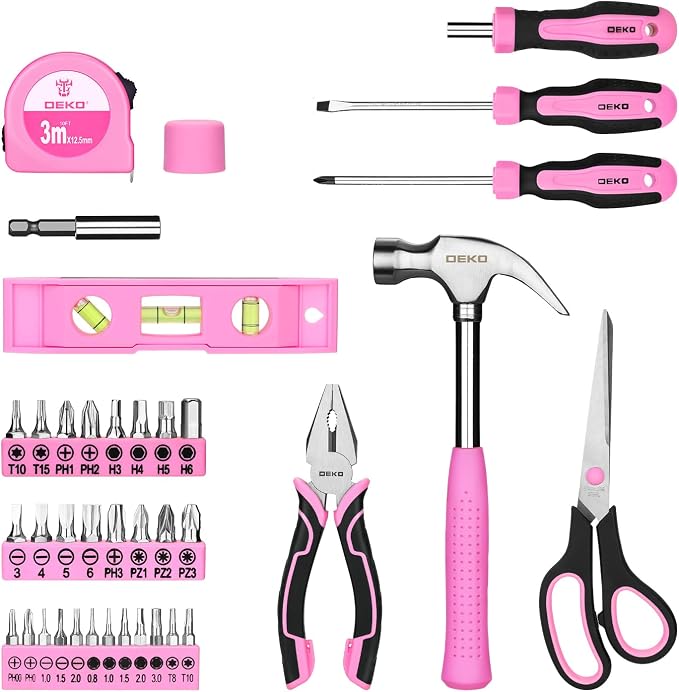 DEKOPRO Tool Set for Women: Pink Tool Set for Home Repair, Womens Tool Kit for All Purpose 42 Piece
