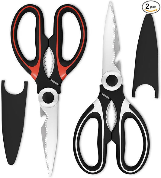 2 Pcs Heavy Duty Kitchen Scissors for Food – 5-in-1 Stainless Steel Kitchen Shears with Bottle Opener, Non-Slip Handles & Protective Cover – Utility Scissors for Cutting Meat, Poultry & Vegetables