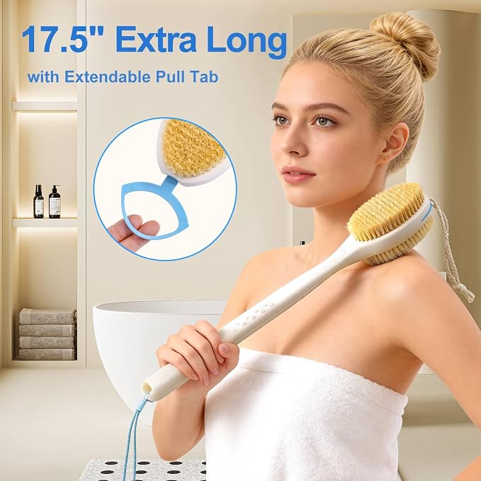 BUBBLEDANCE® Back Scrubber for Shower with Extendable Long Handle (17.5-31.9"), Dual-Sided Shower Brush with Natural Stiff & Soft Bristles, Anti-Slip Body Exfoliator for Bath & Dry Brushing