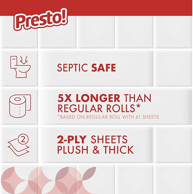 Amazon Brand - Presto! Ultra-Strong 2-Ply Toilet Paper, 12 Mega Rolls = 60 Regular Rolls, 308 Sheets Per Roll, Unscented