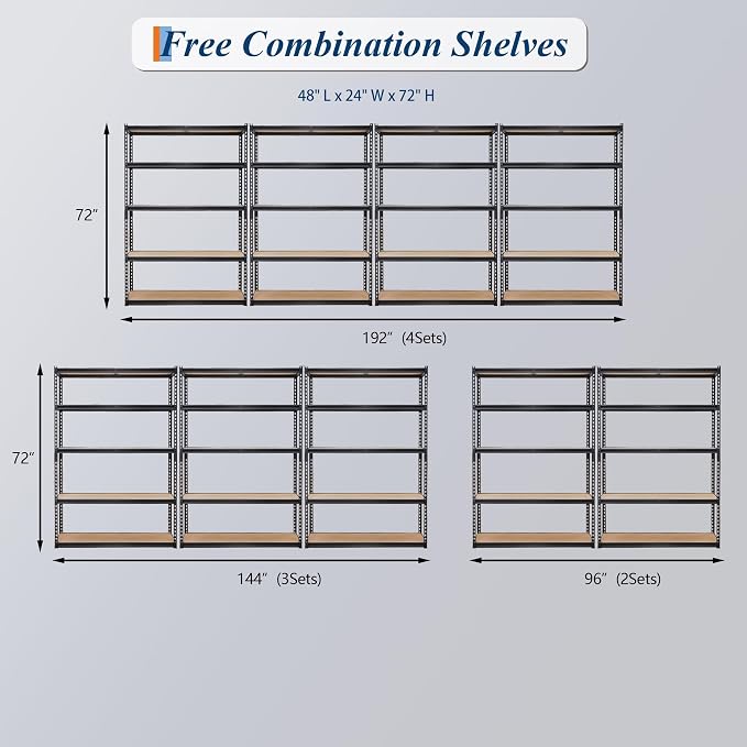 2500 Lbs Heavy Duty Garage Storage Shelves, 48" L x 24" W x 72" H | 5-Tier Adjustable Metal Shelving Unit, Storage Rack for Kitchen, Pantry, Basement, Bathroom & Laundry