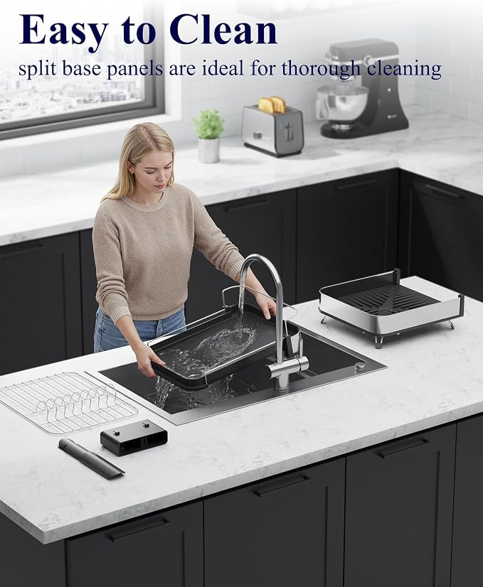 Kitsure Expandable Metal Dish Drying Rack, 16.1-26.6" L x 12.6" W, Black | Dish Racks for Kitchen Counter, Auto-Drain Drying Rack for Kitchen, Cutlery Holder, Non-Slip Feet, Anti-fall Fence