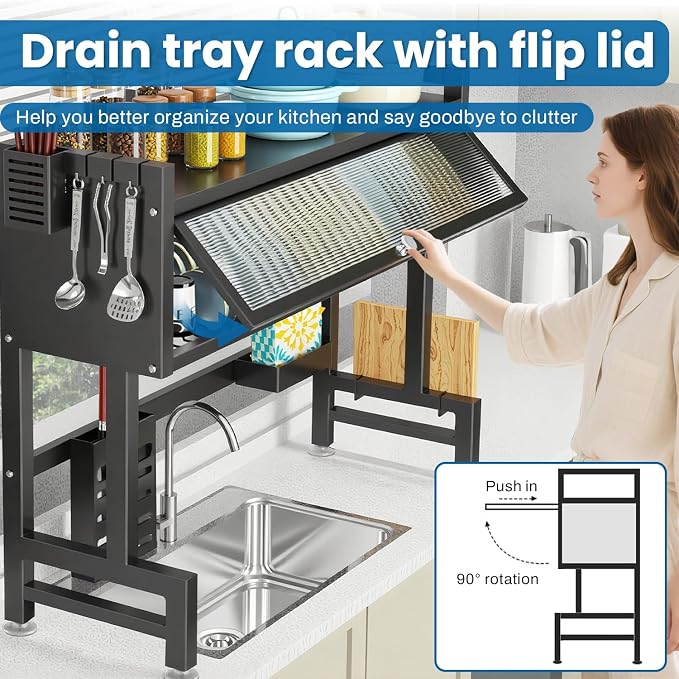 Over the Sink Dish Drying Rack – 3 Tier with Cover, Space-Saving Dish Drainer Organizer for Dishes, Glasses, Bowls & Cutlery, Tidy Kitchen Counter Storage Solution