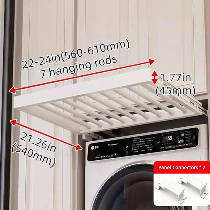 Hidden Pull Out Drying Rack, Extendable Pull Out Trousers Rack, Space Saving, Above Washing Machine Wardrobe, Aluminum Alloy, Tip-On, Depth 21.26in Width 22-24in White