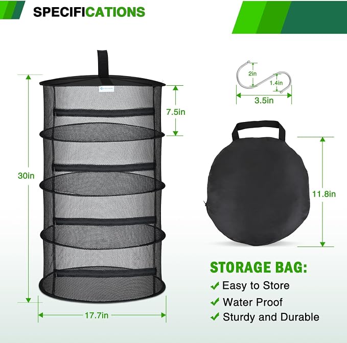 Yesker 4 Layer Herb Drying Rack Hanging Mesh Net Foldable Plant Drying Racks 18" Diameter with Black Zipper & Hook Dryer Hanging Rack for Herbs Seed Bud Fruit Clothes Grow Tent Closets Garden Outdoor