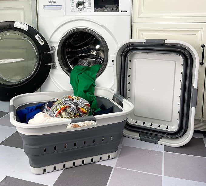 SAMMART 42L (11 gallon) Collapsible Plastic Laundry Basket - Foldable Pop Up Storage Container/Organizer - Portable Basket - Space Saving Hamper/Basket (2, Grey/Steel Grey)