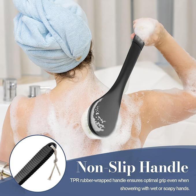 Back Scrubber for Shower, Shower Body Brush for Cleaning with Long Handle for Showering, 17 Inch Back Washer Exfoliator for Shower Men Women with Non-Slip Handle, Adhesive Hook (Black)