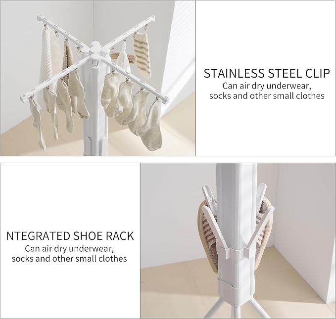 RFOUO Foldable Clothes Drying Rack with Aluminum 4 Rods 16 Clips | Portable，Space-Saving Freestanding Drying Rack for Indoor Outdoor, Apartment, Bedroom, Laundry Room