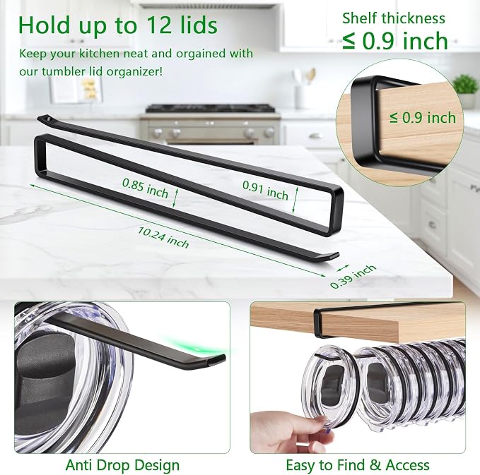Cup Lid Organizer, Tumbler Lid Holder for 12 Lids Under Cabinet, Space Saving Hook for Kitchen Storage, No Drilling, Carbon Steel, White