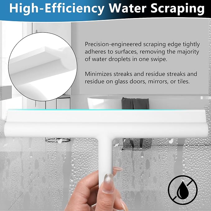 Shower Squeegee for Glass Doors, Full Silicone Jacketed Squeegee with Ergonomic Handle & No-Drill Hook, Cleaning Tool for Windows, Mirrors, Tiles, Bathroom & Car - White