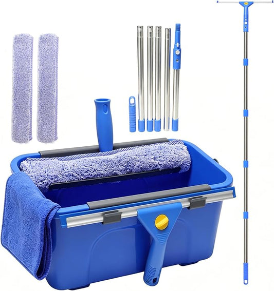Window Cleaning Kit with 3 Gallon Bucket – 76" Long Hand Window Washing Tool Set for Home, Commercial & Car – 14" Squeegee + 15" Scrubber, Professional Grade Cleaner Equipment for High Windows