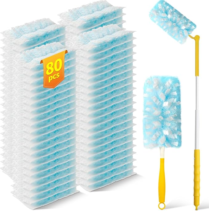 80 Count Duster Refills with 1 Short Handle & 3 ft Extendable Handle, Compatible with Swiffer Duster, 180° Disposable Microfiber Cleaning Dusters, Unscented