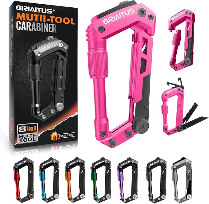 Multitool Carabiner with Pocket Knives, EDC Carabiners, Folding Knife | Serrated, Can Bottle Opener, Rope Cutter, Screwdriver, Keychain Knife for Camping Hiking, Gifts for Women/Men (Pink)