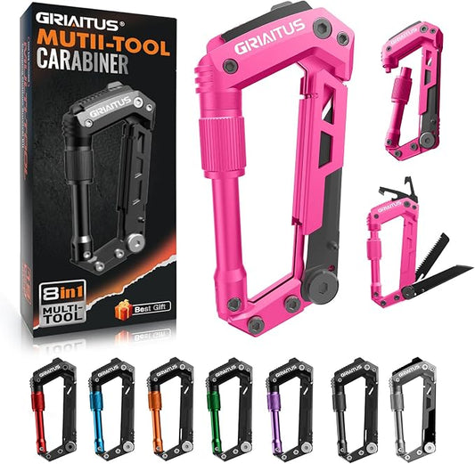 Multitool Carabiner with Pocket Knives, EDC Carabiners, Folding Knife | Serrated, Can Bottle Opener, Rope Cutter, Screwdriver, Keychain Knife for Camping Hiking, Gifts for Women/Men (Pink)