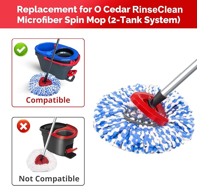 O-Cedar Spin Mop Head, Base, Handle Replacement for RinseClean 2 Tank System, 4 Microfiber Mop Refills, 1 Base and 30-58in Handle Set Combo, Blue, for Wood, Tile, Laminate, Marble