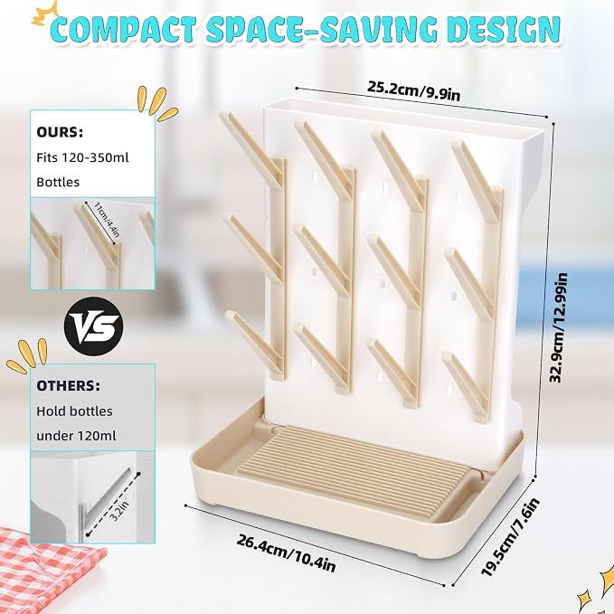 Baby Bottle Drying Rack: Space Saving Vertical Bottle Drying Holder with Brushes Holder - Large Bottle Storage Holder Organizer 12 Bottles & Baby Accessories,BPA-Free, Beige