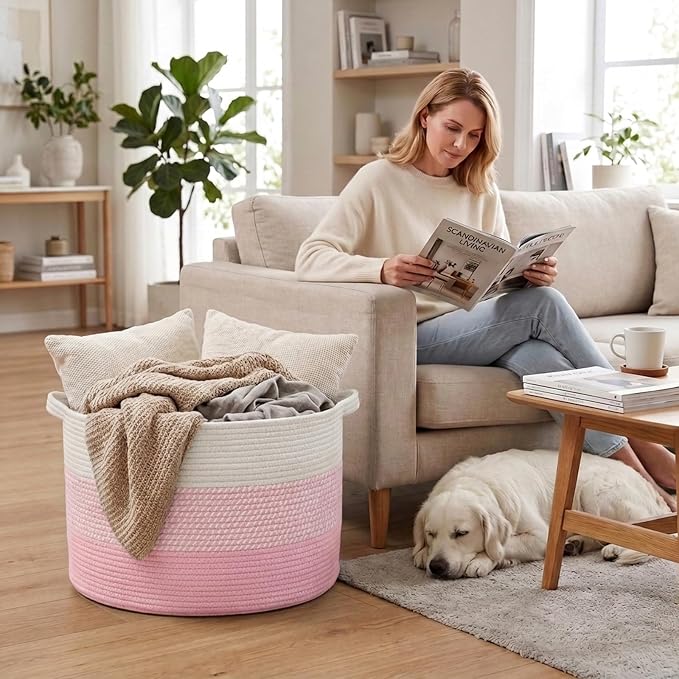 65L Large Blanket Basket,Woven Rope Laundry Basket-Mixed Pink | Collapsible, reinforced handles, nursery storage bin organizes clothes, toys and pillows for living room, bedroom bathroom