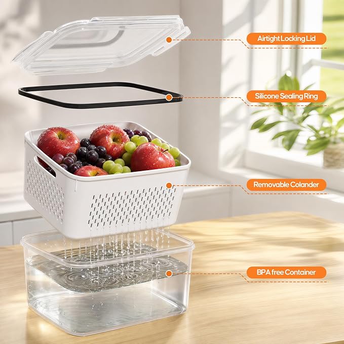JSCARES Fruit Storage Containers for Fridge - 3 Pack Produce Storage Containers with Removable Colander, Leakproof Food Organization Keep Fruits Berry Veggie Salad Meat Fresh Longer