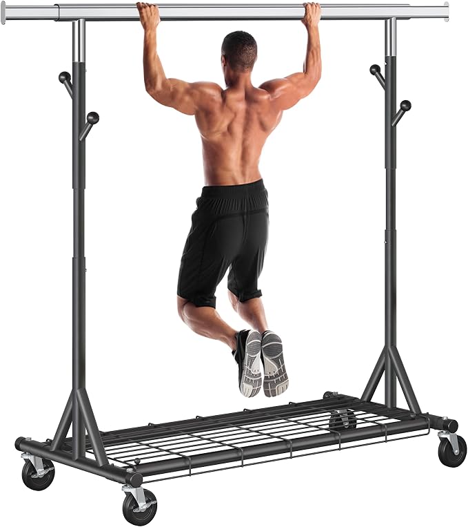 Gewudraw Clothes Rack Heavy Duty 530 LBS Capacity, Portable, Foldable,Black | Rolling Clothing Rack With 4" Wheels, Shelf, Hooks, Adjustable, Collapsible, Garment Rack for Wardrobe,Bedroom, Laundry Room