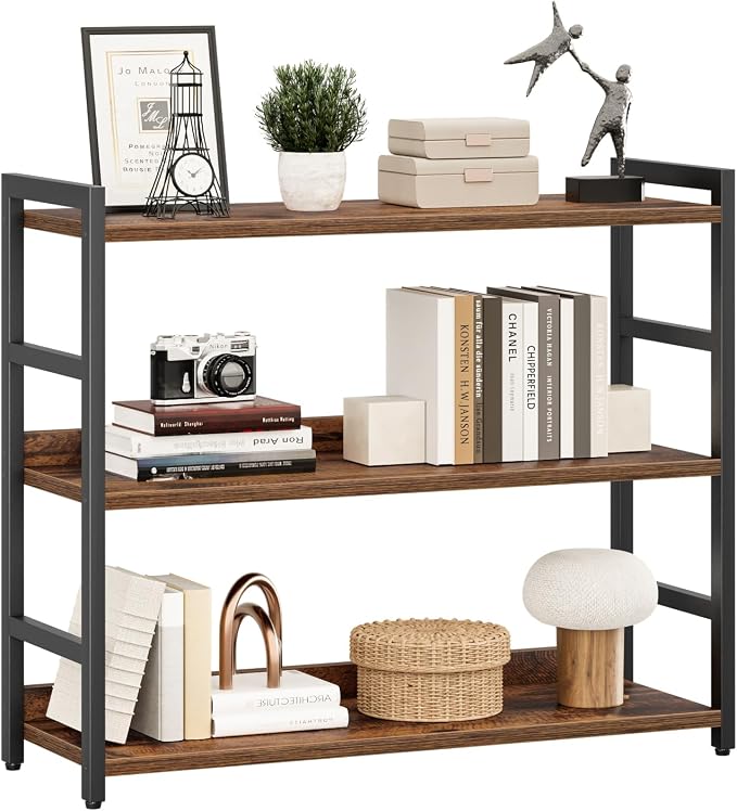 NUMENN Wide Bookshelf, 3 Tier Freestanding Shelving Unit, Vintage | Metal Frame & Wood Shelves, Falling Prevention Baffle, Open Storage Bookcase for Bedroom, Living Room & Home Office