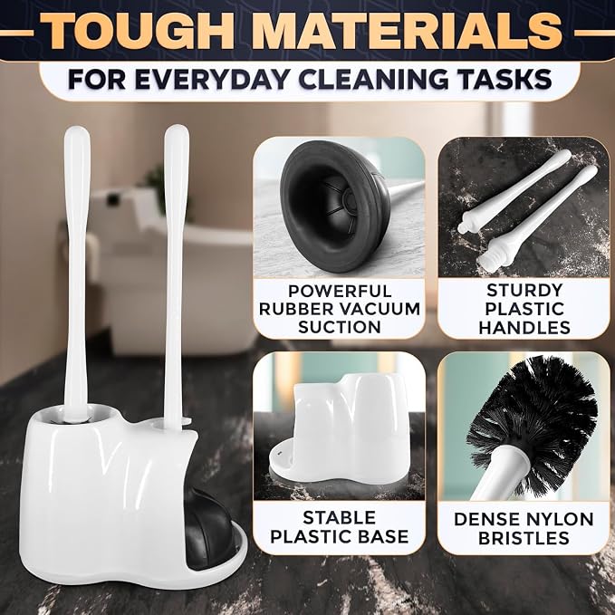 15.2" Toilet Brush and Plunger Set with Holder, Nylon Bristles, (White) | Toilet Bowl Brush, Holder and Plunger, Easy to Place and Simple to Store After Use, Compact Accessory for Small Spaces