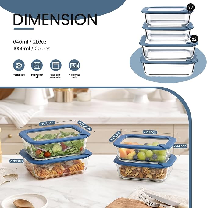 Taree Glass Food Storage Containers, 8 Pack, 21.6oz & 35.5oz, Blue Lids | Ocean Blue Lid Design • Glass & Silicone Lids • Airtight Leakproof Seal • Built-In Steam Vent • Microwave-Safe Lid