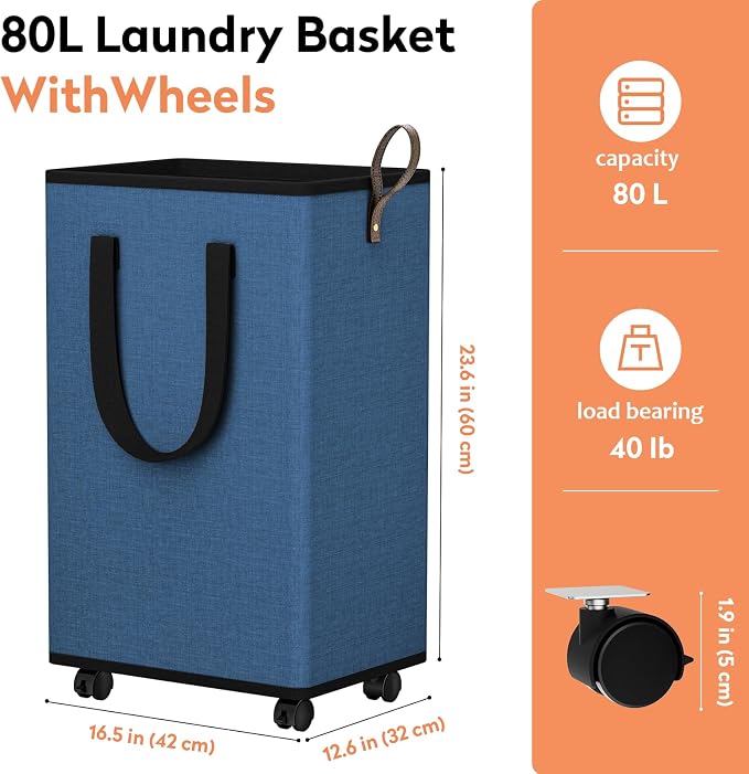 SpaceTrove Rolling Laundry Basket with Wheels, Laundry Hamper, 80L, Navy | Collapsible, 4 detachable wheels including 2 with brakes, sturdy handle, metal frame, for dorms, bathrooms and bedrooms
