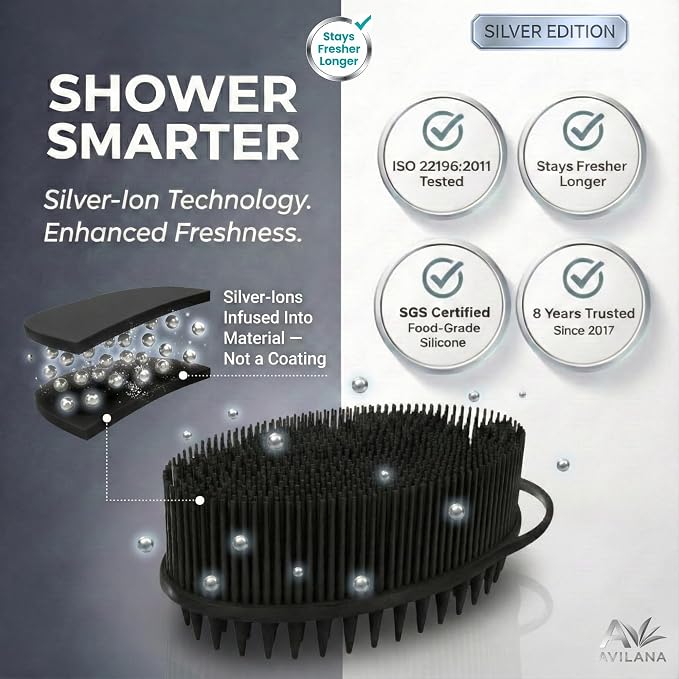 Avilana Silicone Body Scrubber for Shower – SGS Certified Food Grade Dual Sided Bath Brush, Gentle Exfoliating Silicone Loofah Alternative, Sensitive Skin Body Brush (Black-Silver, Scalp)