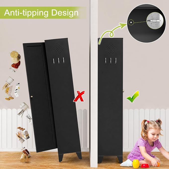 AQY 75" Pantry Cabinet, Black Freestanding Storage Cabinet with 5 Adjustable Shelves, Metal Pantry Cupboard with Ventilation Design & Hanging Hooks, 2-Door Kitchen Organizer for Living Room Kitchen