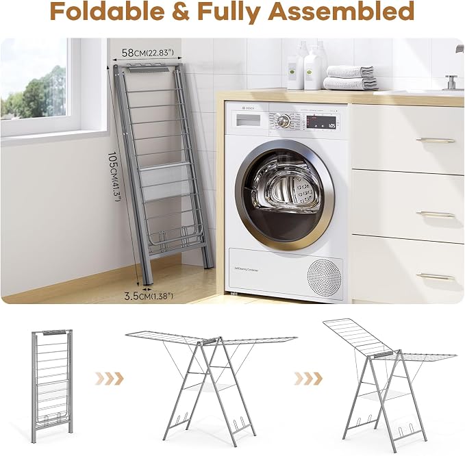 APEXCHASER 6 Height Adjustable Clothes Drying Rack with Shoe Slots, Grey | Pre-Assembled, Stable Load Structure, 22 Drying Rails, Foldable Space-Saving For Efficient Indoor & Outdoor Airflow Drying