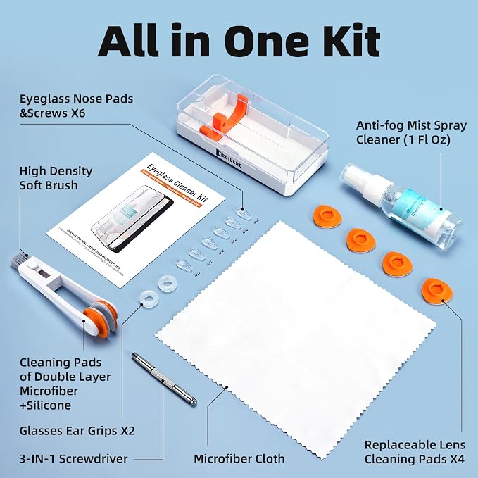 Glasses Cleaner Eyeglass Cleaning Kit with Anti Fog Spray, Microfiber Cloth | Streak-Free Cleaning Pads，Lens Wipes for Sunglasses Camera Lenses, Includes Screwdriver, Nose Pads, Ear Grips, Storage Case