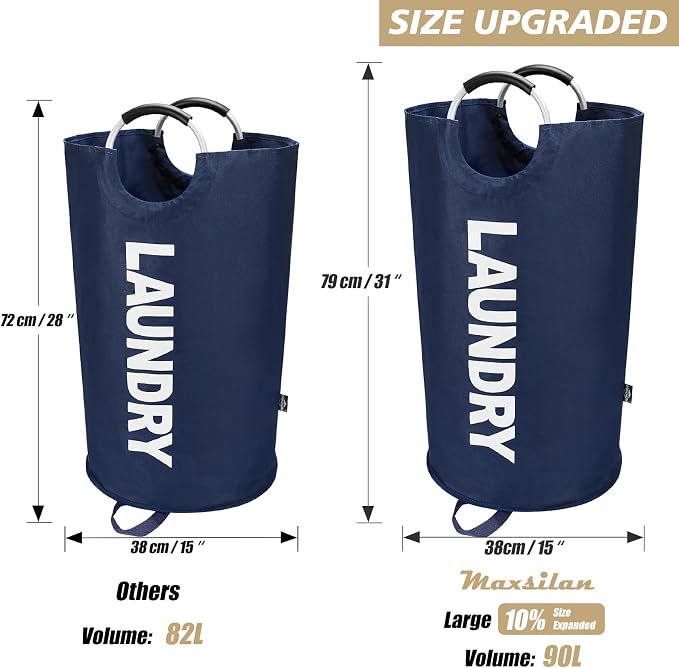 Maxsilan 90L Large Laundry Basket Bag, Collapsible Tall Hamper, Dark Blue | Freestanding tall laundry bag & foldable washing basket. Large capacity clothes storage bin with durable sturdy handles