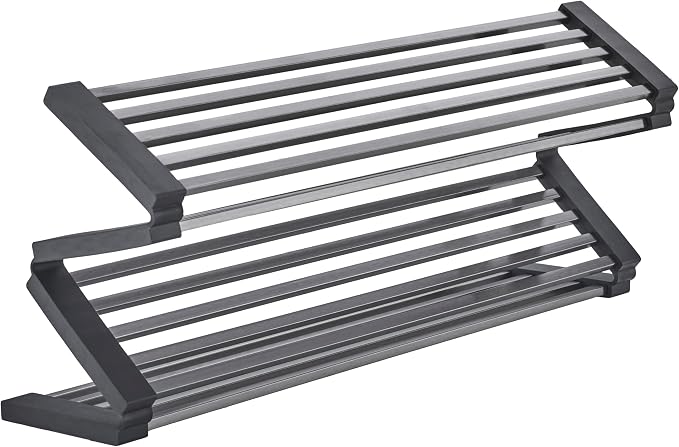 Foldable Over Sink Dish Drying Rack, 304 Stainless Steel Kitchen Drain Rack for Tableware, Detachable Silicone Edge, Rectangular Tubing,Black,4 Fold 17.72" x 15.36"