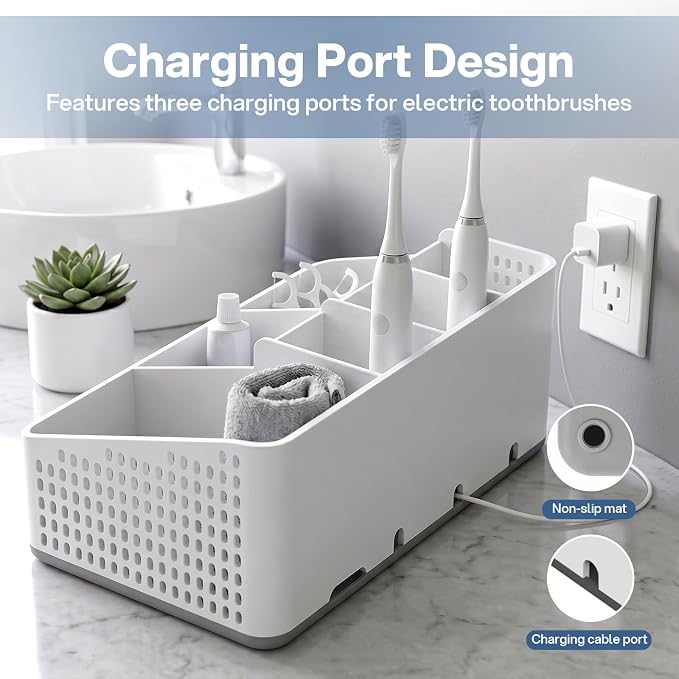 TQRR Bathroom Countertop Organizer -6 Slots Drain Tray Toothbrush Holders | Cord Hole Electric Toothbrush and Toothpaste Holder, Vents, Anti-Slip Base Vanity Storage for Bathroom Sink Accessories Grey