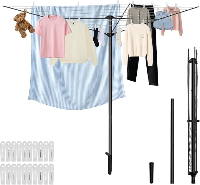 BAKON Heavy Duty Clothesline Outdoor, 30M Anti-Sag Drying Line Rustproof Wind Resistant Rotary Umbrella Drying Rack for Large Clothes, Bed Sheets for Backyard Patio RV Camping