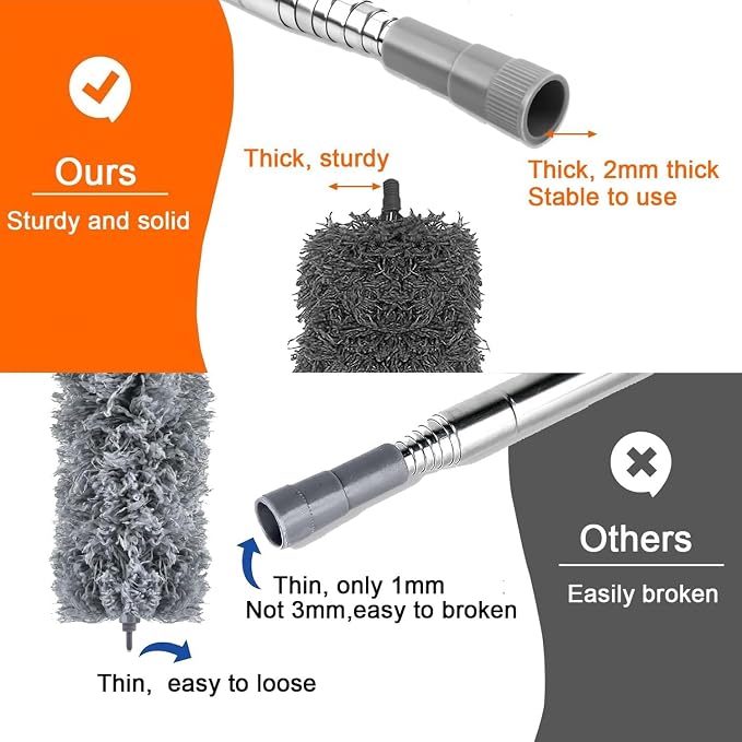 Microfiber Dusters for Cleaning,100" Professional Extension Pole Duster Kit with 2 Washable Bendable Heads,Cobweb Remover & Feather Duster for High Ceilings,Ceiling Fans,and Hard-to-Reach Areas,3PCS