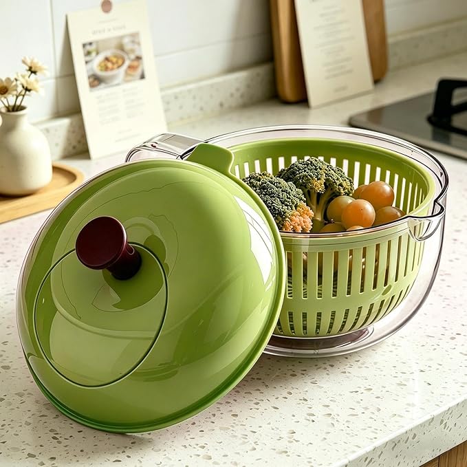 Salad Spinner, Hand Cranked Fruit Washing Spinner with Handle, Multifunctional Fruit and Vegetable Washing Bowl with Drain Basket, Reusable Salad Dehydrator Drainer for Home Kitchen