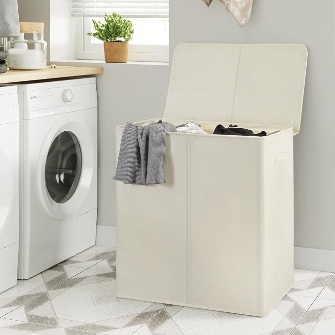 WOWLIVE 140L Double Laundry Hamper 2 Section with Lid and Removable Bags | Divided Laundry Basket, Large Dirty Clothes Hamper with Handle, Collapsible Laundry Storage for Dorm Room, College, Beige