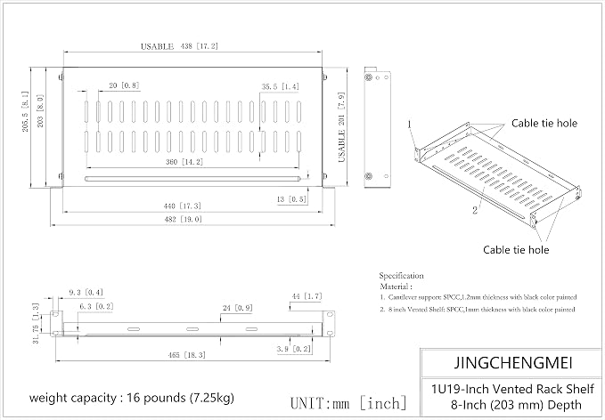 1U Disassembled Vented Rack Shelf Universal Rack Tray No Lip | for 19 Inches Network Cabinet or Server Rack (8 Inches Deep)