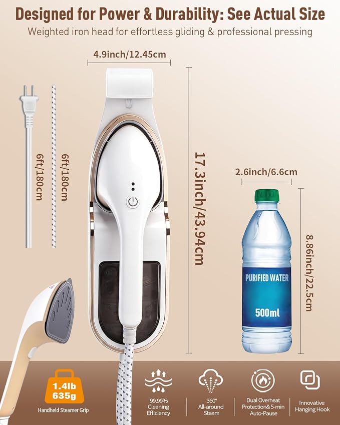 3-in-1 Steamer for Clothes, 1500W Leak-Proof, 330ml | 1500W, 30s Fast Heat-Up, Includes Heat-Resistant Glove & Brush, For Home & Closet Use, 120V