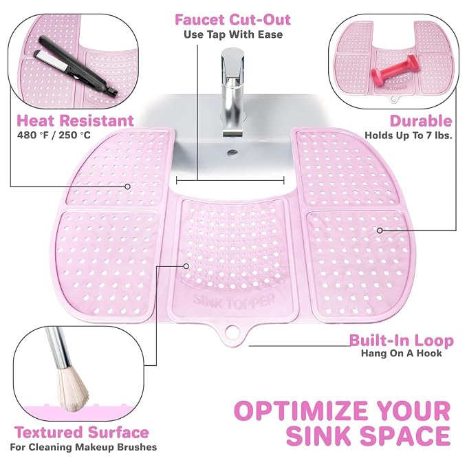 Sink Topper Bathroom Sink Cover for Counter Space, Large Pink | Holds up to 7 lb on a steel frame; fits over basins 19-23 in; 480°F silicone; foldable makeup mat; countertop extender