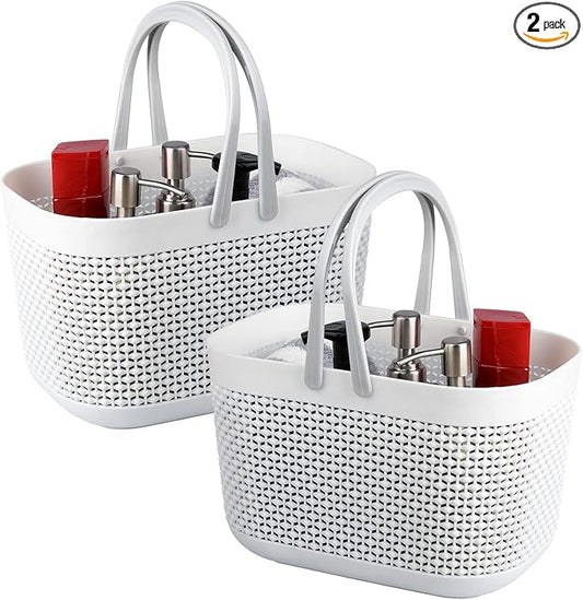 Plastic Protable Shower Caddy Basket, Storage Organizer, White, 2 Pack | Bottom Drain Holes, Keep Dry, Sturdy and Durable, Easy to Carry for Bathroom, Kitchen, Dorm Room, RV, College